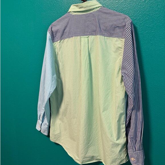 Chaps Easy Care Gingham Blue Lime Green Colorblock Long Sleeve Button Up Men's M - Picture 9 of 10